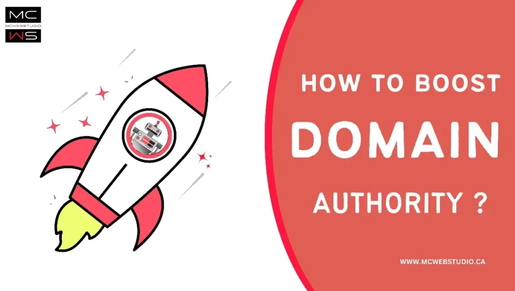 How to boost domain authority. A robot riding in a rocketship.