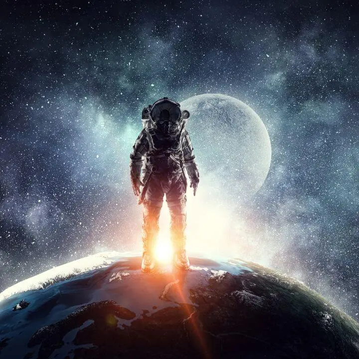 An astronaut standing on an asteroid in space.