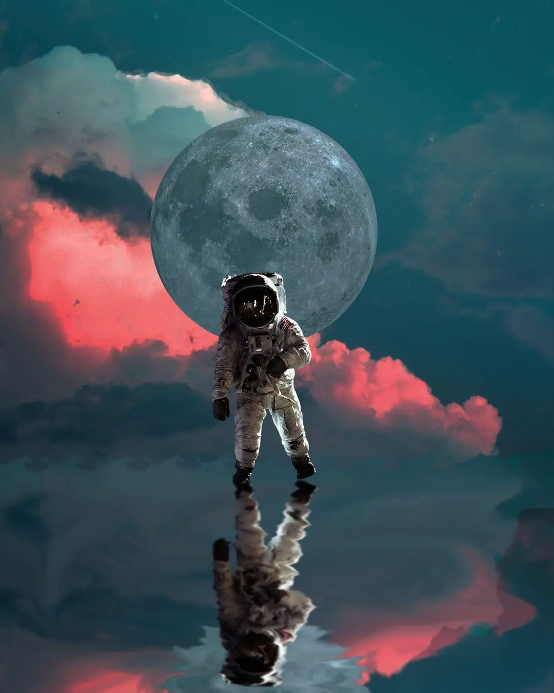 An astronaut walking away from the moon with pink and white clouds.