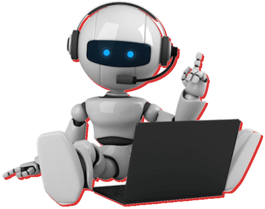 A small robot sitting in front of a laptop