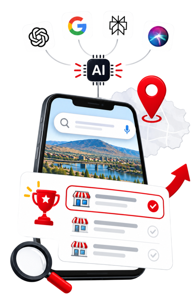 AI-powered local search: smartphone shows map, search bar, and a business listing checklist with a location pin nearby