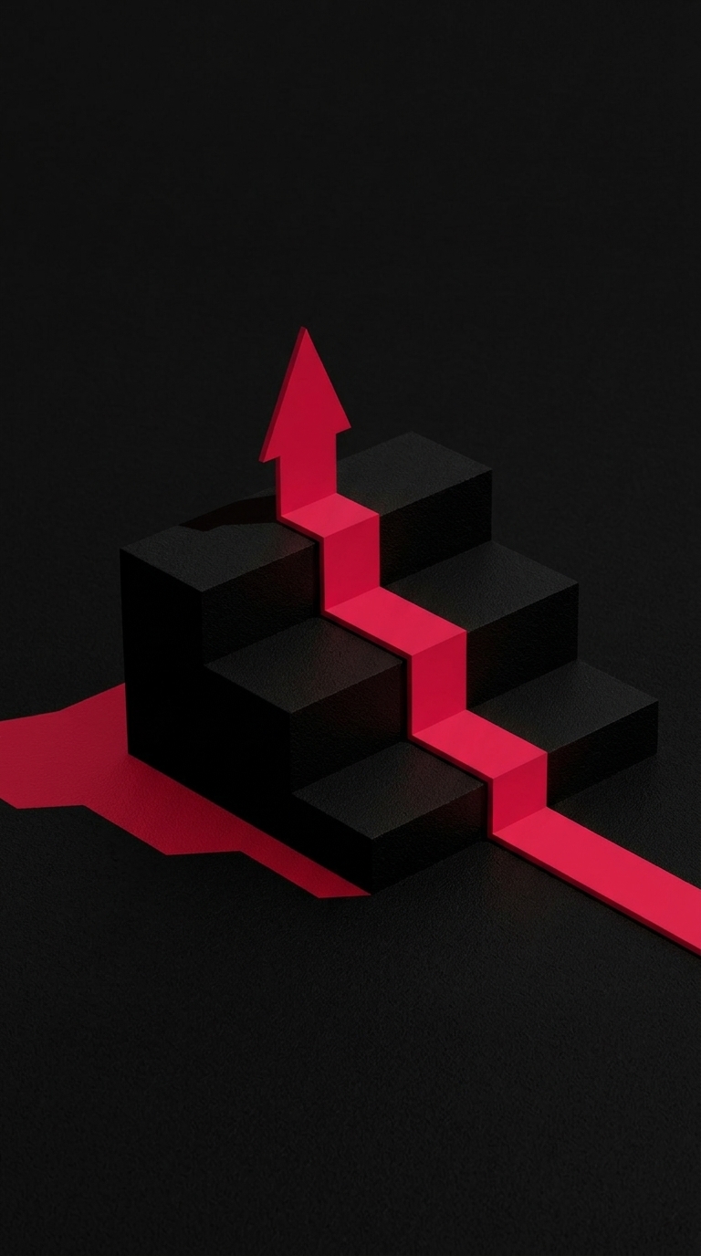 Pink zigzag arrow rising along black 3D steps on a dark background, symbolizing growth or progress, with a red trail behind it.